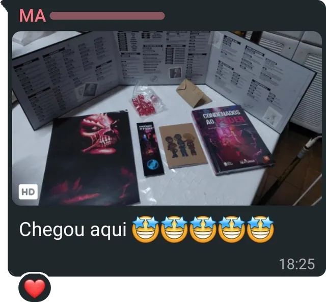 Mensagem com a foto do livro, do escudo do mestre, de um pôster, dos dados, do marcador e de um caderno sobre a mesa, e o texto: "Chegou aqui", seguido de cinco emojis de estrela nos olhos.