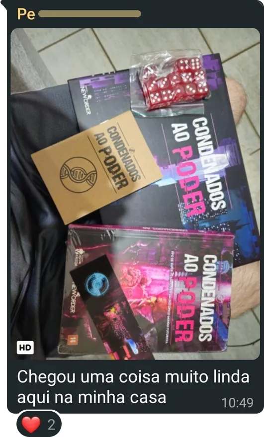 Mensagem com a foto do livro ainda no plástico, do escudo do mestre, dos dados, do caderno e do marcador, e o texto: "Chegou uma coisa muito linda aqui na minha casa".