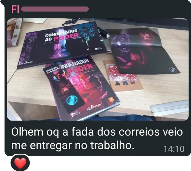 Mensagem com a foto do livro, do escudo do mestre, de um pôster, dos dados e do marcador sobre uma mesa de trabalho, e o texto: "Olhem oq a fada dos correios veio me entregar no trabalho."