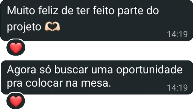 Duas mensagens seguidas: "Muito feliz de ter feito parte do projeto", com um emoji de mãos em coração, e "Agora só buscar uma oportunidade pra colocar na mesa."