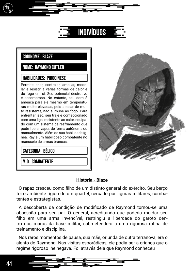 Página do livro: ficha narrativa e ilustração de Blaze