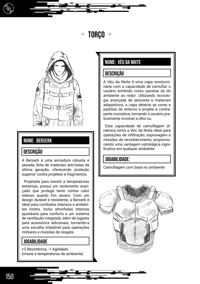 Página do livro com a armadura Berserk e a capa Véu da Noite