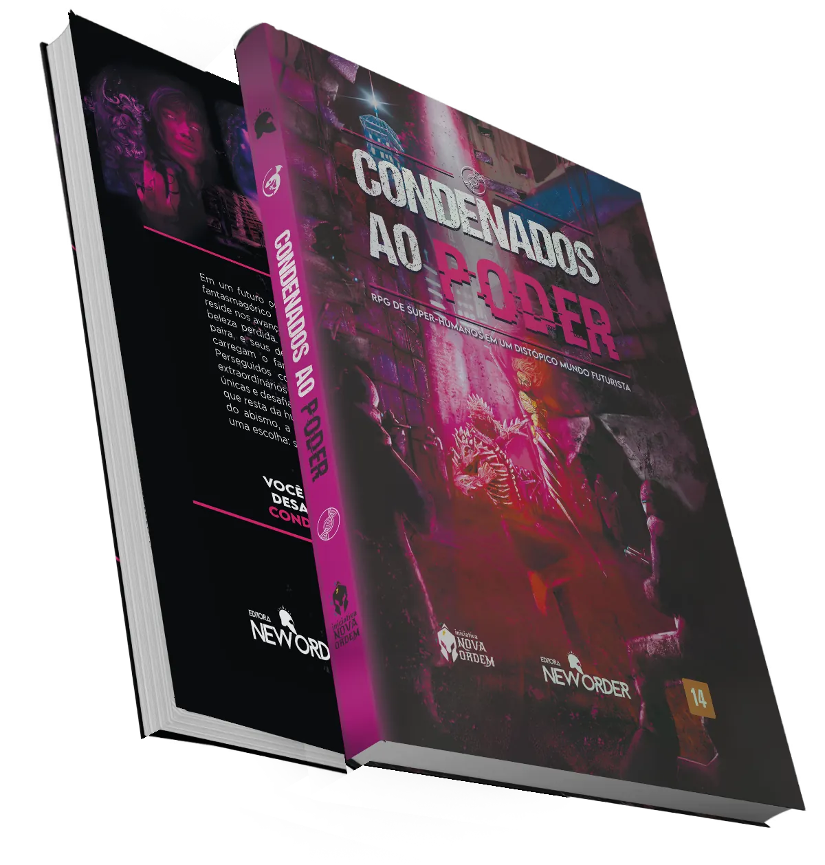 Mockup do livro físico Condenados ao Poder, mostrando capa, lombada e páginas